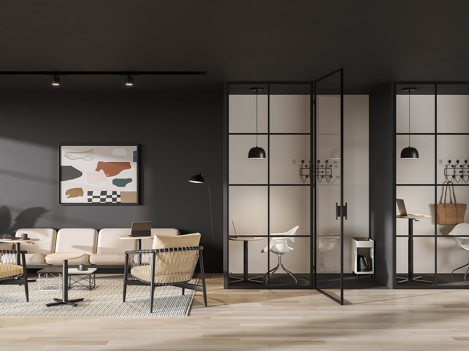 Office with crosshatch chair by knoll, a couch, and two private office spaces