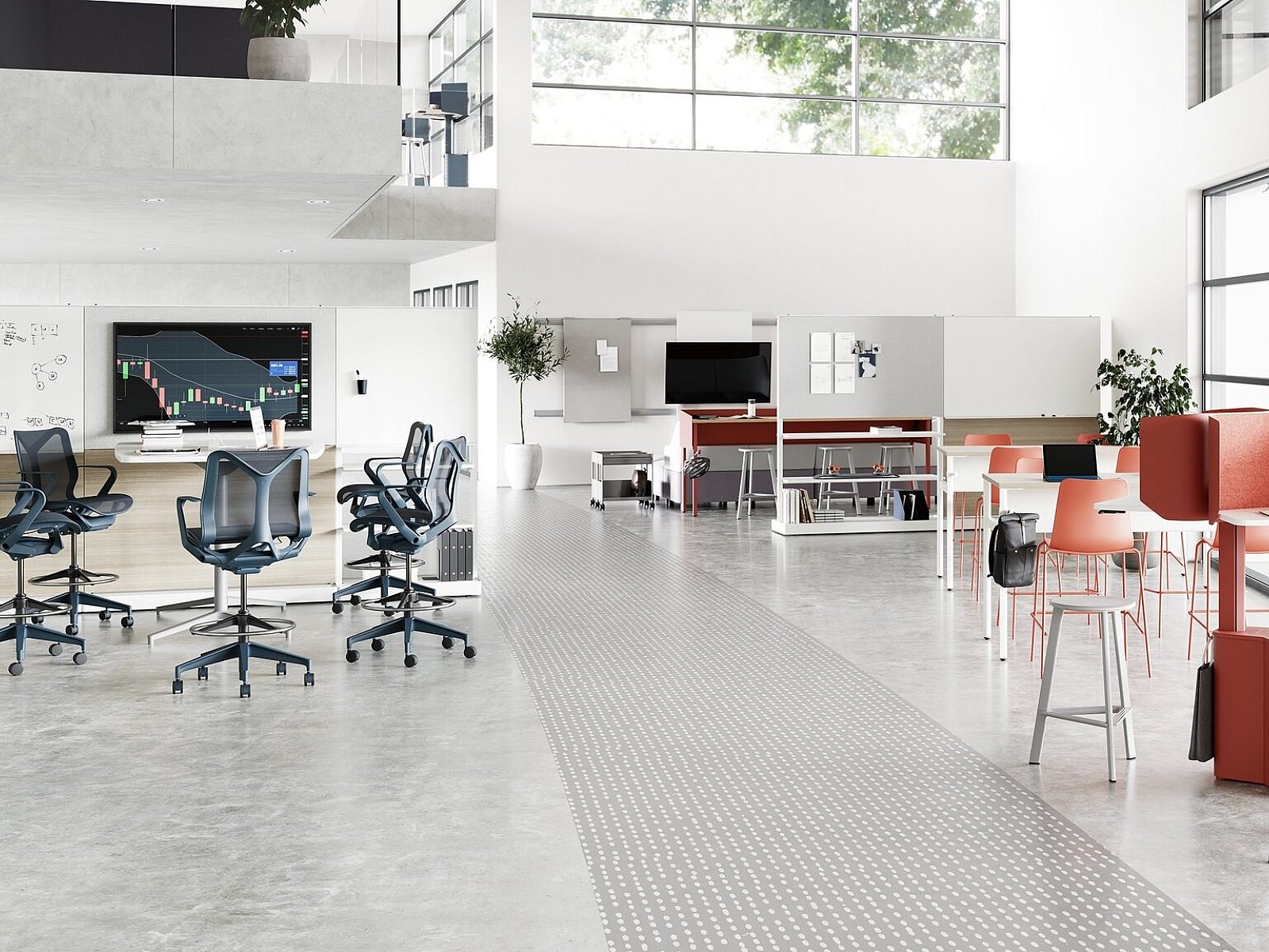 Herman Miller OE1 tables set up in an environment setting with 5 blue ergonomic chairs