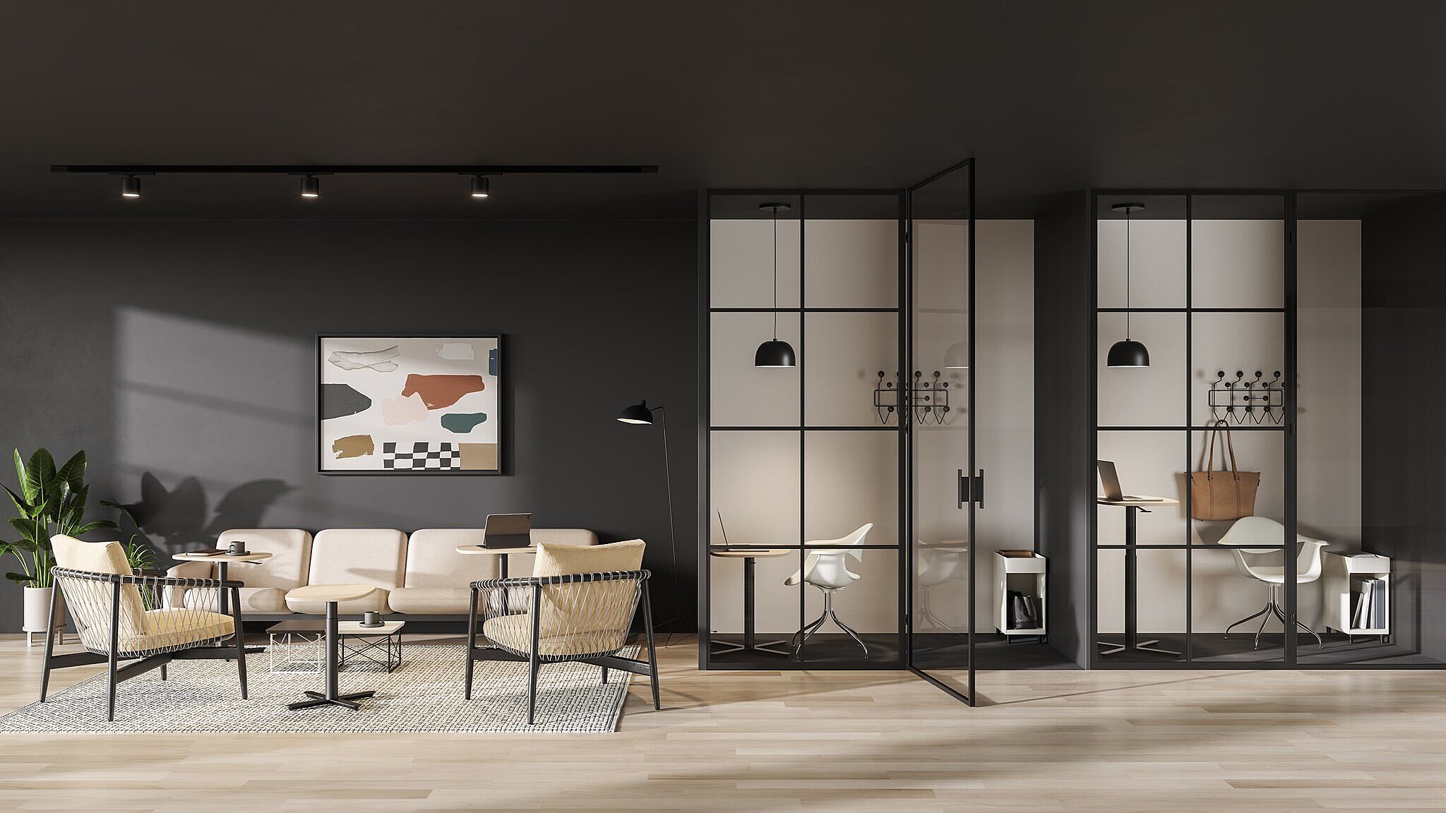 Office with crosshatch chair by knoll, a couch, and two private office spaces