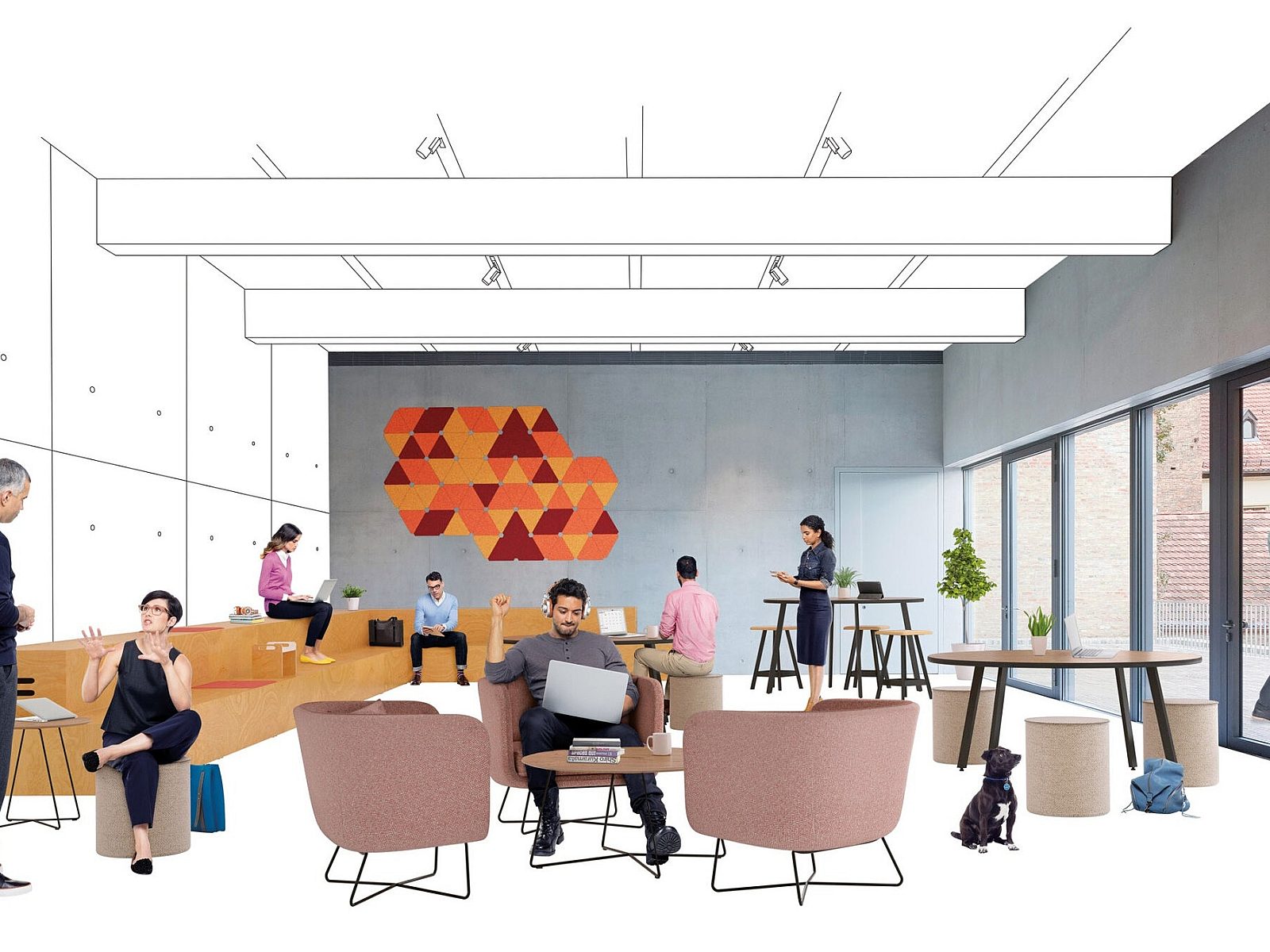 modern office design with lounge seating, tables, and risers