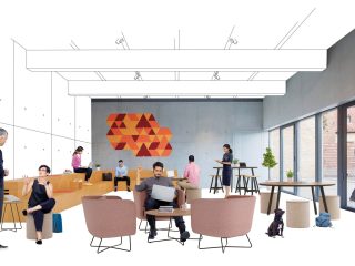modern office design with lounge seating, tables, and risers