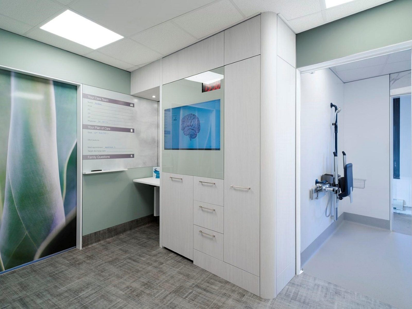 DIRTT Walls Healthcare station with storage and a built in monitor screen