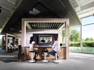 DIRTT Timber Structure with seating and a TV underneath the Timber awning