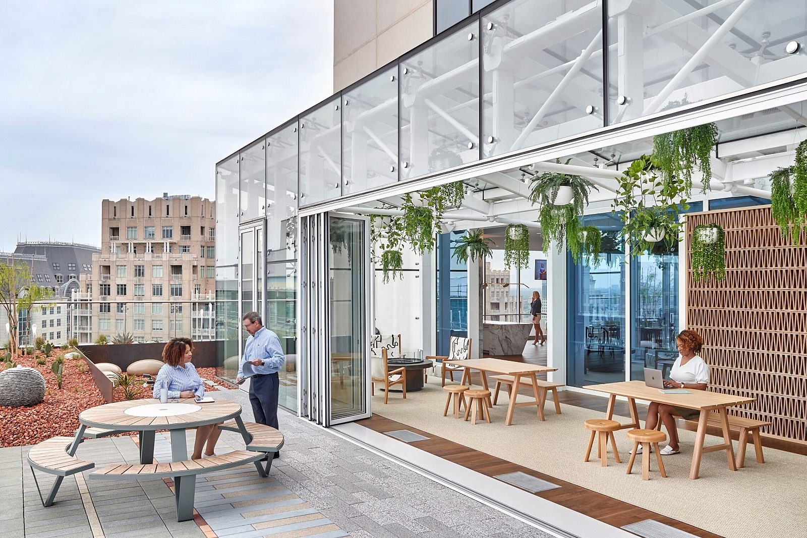 Outdoor Patio on rooftop of corporate office with tables and chairs