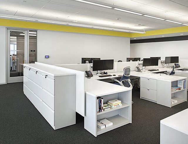 corporate office workstations with filing and storage cabinets